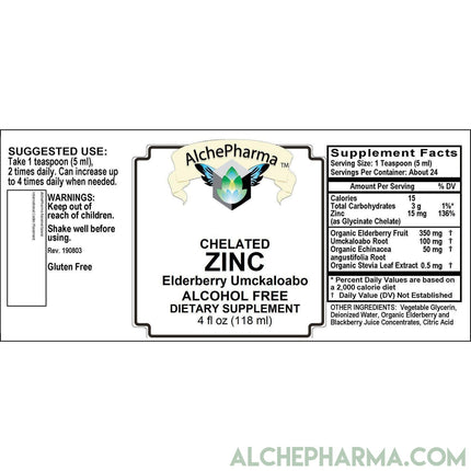 Zinc Glycinate Liquid w/ Organic Elderberry, Umckaloabo, Organic Echinacea / Organic Stevia Sweetened-AlchePharma