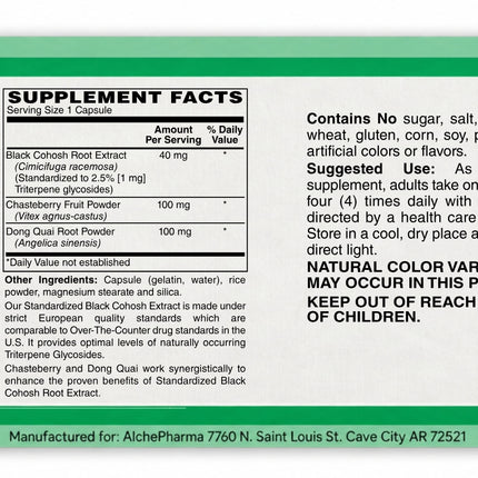 Easy-read label for Black Cohosh Extract Plus: Supplement Facts, ingredients and suggested use in large print