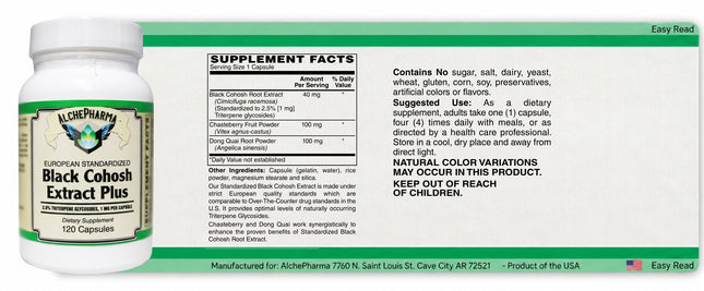 Easy-read label for Black Cohosh Extract Plus: Supplement Facts, ingredients and suggested use in large print