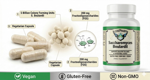 AlchePharma Saccharomyces Boulardii supplement with capsules and branding details on a white background