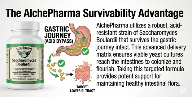 AlchePharma supplement bottle with diagram of gastric journey and text about survivability advantage