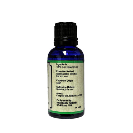AlchePharma Rosemary Essential Oil side label: 100% pure rosemary oil, steam distilled from the leaf and stem, origin Spain, sustainably farmed, purity tested by GC-MS and FTIR