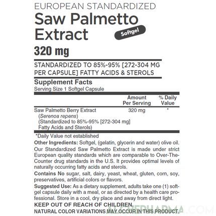 Saw Palmetto Extract 320 mg. ( European Standardized to 85%-95% Fatty Acids and Sterols )-Herb-AlchePharma