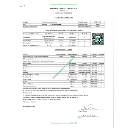 Astaxanthin 12mg AstaPure® USDA Organic Vegan Whole Food Haematococcus pluvialis-Vitamins & Supplements-AlchePharma
