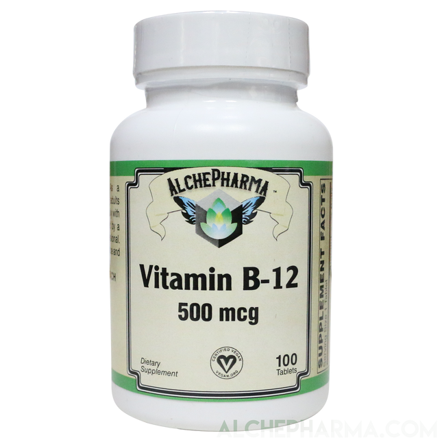B-12 500 mcg. Certified Vegan - Cyanocobalamin-Vitamins & Supplements-AlchePharma
