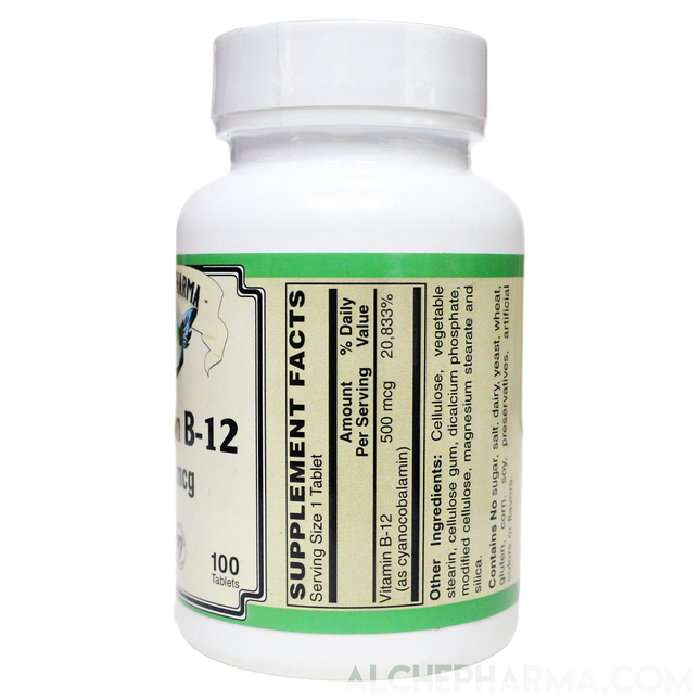 B-12 500 mcg. Certified Vegan - Cyanocobalamin-Vitamins & Supplements-AlchePharma