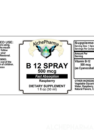 B-12 Spray 500 mcg- Cyanocobalamin 177 Servings per 1 fL oz. (30 ml) Parve K-1607-Vitamins & Supplements-AlchePharma