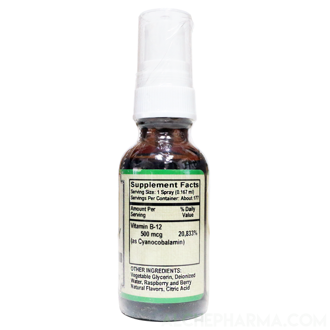 B-12 Spray 500 mcg- Cyanocobalamin 177 Servings per 1 fL oz. (30 ml) Parve K-1607-Vitamins & Supplements-AlchePharma