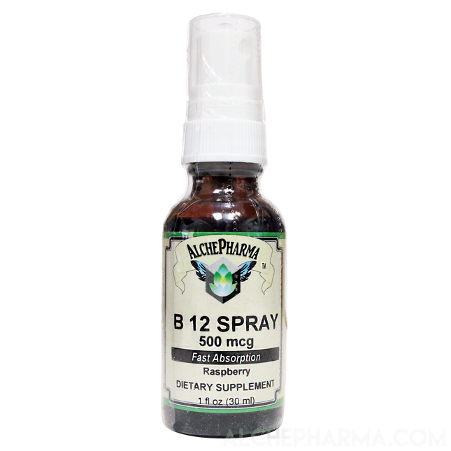 B-12 Spray 500 mcg- Cyanocobalamin 177 Servings per 1 fL oz. (30 ml) Parve K-1607-Vitamins & Supplements-AlchePharma