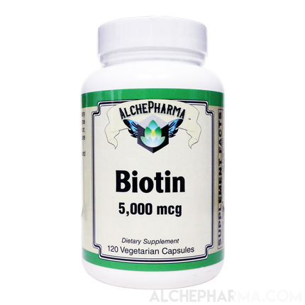 Biotin 5,000 mcg ( 5 mg ) per easy to swallow capsule *FREE of yeast, wheat, gluten and preservatives-AlchePharma