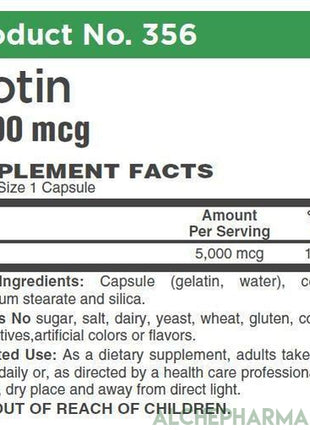 Biotin 5,000 mcg ( 5 mg ) per easy to swallow capsule *FREE of yeast, wheat, gluten and preservatives-AlchePharma