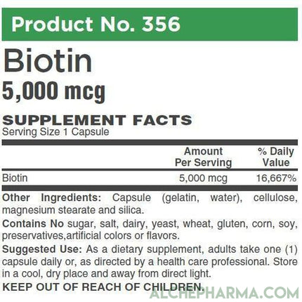 Biotin 5,000 mcg ( 5 mg ) per easy to swallow capsule *FREE of yeast, wheat, gluten and preservatives-AlchePharma