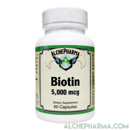 Biotin 5,000 mcg ( 5 mg ) per easy to swallow capsule *FREE of yeast, wheat, gluten and preservatives-AlchePharma