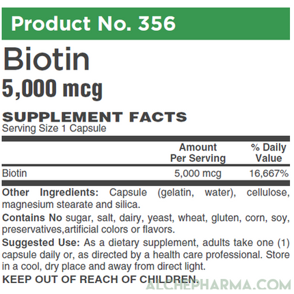 Biotin 5,000 mcg ( 5 mg ) per easy to swallow capsule *FREE of yeast, wheat, gluten and preservatives-AlchePharma