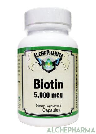 Biotin 5,000 mcg ( 5 mg ) per easy to swallow capsule *FREE of yeast, wheat, gluten and preservatives-AlchePharma