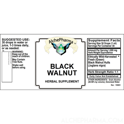 Black Walnut Tincture ( Juglans nigra ) Wild Harvested HSR 1:1 Parve K-1604-Herbal-AlchePharma