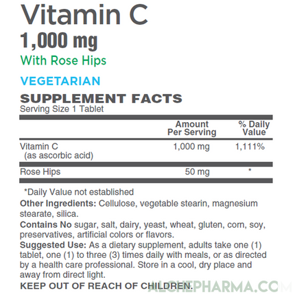 C-1,000mg ( ascorbic acid ) with 50 mg Rose Hips -Soy Corn Gluten Free-Vitamins & Supplements-AlchePharma