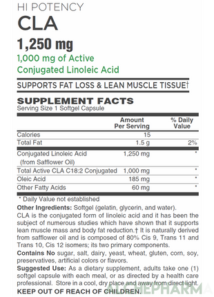 CLA (True Active Conjugated Linoleic Acid) • High Potency - Optimal 1:1 ratio of isomers• 1,250mg Softgels-Weight Management-AlchePharma