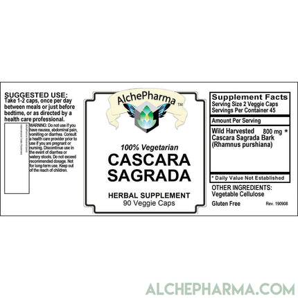 Cascara Sagrada Bark Wild Harvested (Rhamnus purshiana Bark) 400 mg. per Veggie Cap-Herbs-AlchePharma