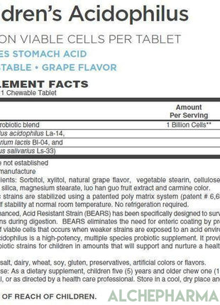 Children's Acidophilus Chewable [ Dairy and Gluten Free, Shelf Stable, Acid Resistant Grape Flavor ]-Probiotics-AlchePharma