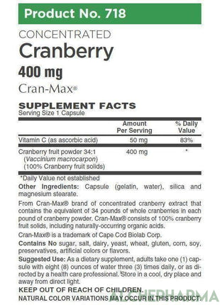 Cran-Max® Cranberry fruit powder 34:1 (Vaccinium macrocarpon) (100% Cranberry fruit solids) 400mg-cleanse-AlchePharma-60 Capsules-AlchePharma