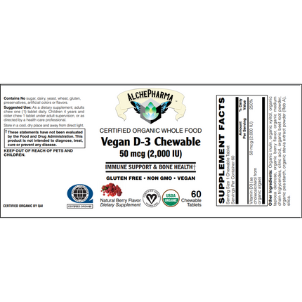 D-3 Chewable Certified Organic Whole Food Vegan-Vitamins & Supplements-AlchePharma
