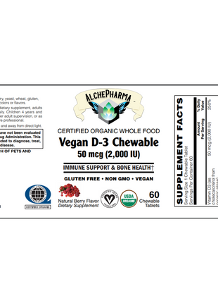 D-3 Chewable Certified Organic Whole Food Vegan-Vitamins & Supplements-AlchePharma