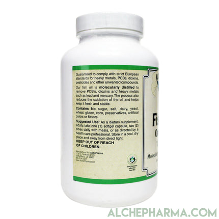 Fish Oil 1,000mg- Molecularly Distilled, European Standardized high Purity and Free of Potential Toxins-AlchePharma