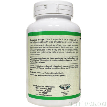 GABA ( Gamma-Aminobutyric Acid) 750 mg Veg Capsules-AlchePharma-100 Veg Caps-AlchePharma