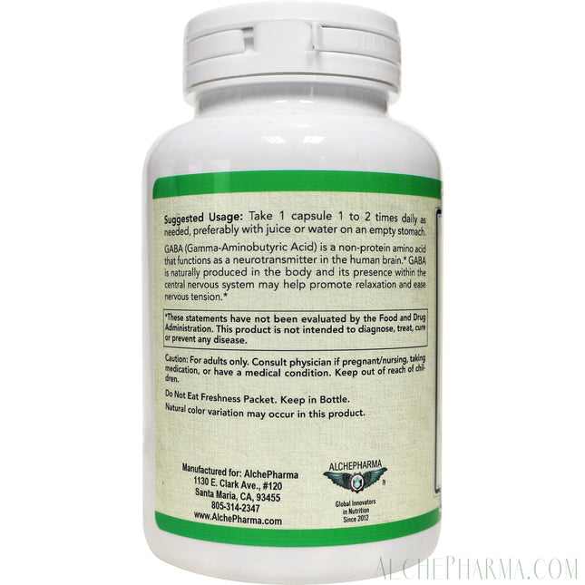 GABA ( Gamma-Aminobutyric Acid) 750 mg Veg Capsules-AlchePharma-100 Veg Caps-AlchePharma