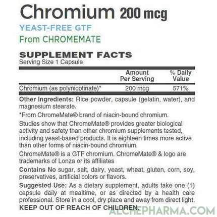 GTF Chromium ( ChromeMate®) patented niacin-bound chromium complex 200 mcg.-Mineral-AlchePharma