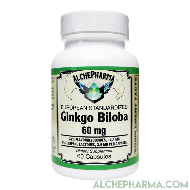 Ginkgo Biloba 60 mg- European Standardized to 24% Flavonglycosides, 6% Terpene Lactones, 0.8% Ginkgolide B-Memory-AlchePharma