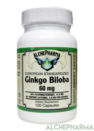 Ginkgo Biloba 60 mg- European Standardized to 24% Flavonglycosides, 6% Terpene Lactones, 0.8% Ginkgolide B-Memory-AlchePharma