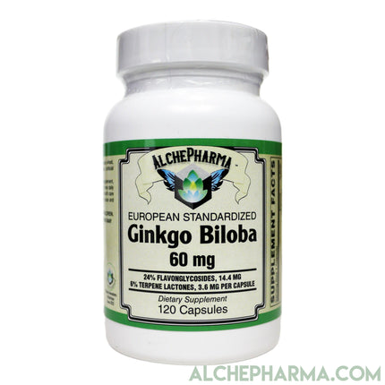 Ginkgo Biloba 60 mg- European Standardized to 24% Flavonglycosides, 6% Terpene Lactones, 0.8% Ginkgolide B-Memory-AlchePharma