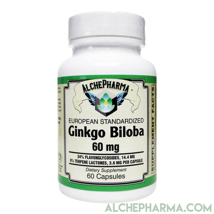 Ginkgo Biloba 60 mg- European Standardized to 24% Flavonglycosides, 6% Terpene Lactones, 0.8% Ginkgolide B-Memory-AlchePharma