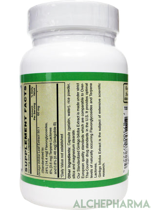 Ginkgo Biloba 60 mg- European Standardized to 24% Flavonglycosides, 6% Terpene Lactones, 0.8% Ginkgolide B-Memory-AlchePharma