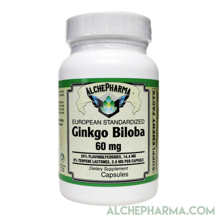 Ginkgo Biloba 60 mg- European Standardized to 24% Flavonglycosides, 6% Terpene Lactones, 0.8% Ginkgolide B-Memory-AlchePharma