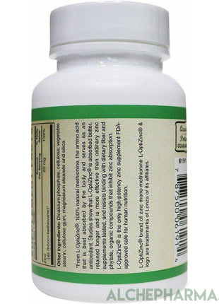 L-OptiZinc® 20mg Zinc as Mono-Methionine 100 Tablets [ L-OptiZinc® is The only high-Potency zinc Supplement FDA Approved Safe for Human Nutrition.] - AlchePharma