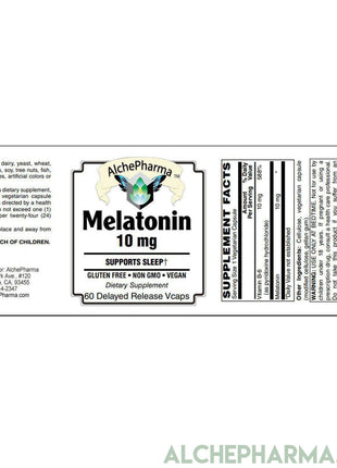 Melatonin 10 mg - ( Pharmaceutical grade ) Delayed Time Released plus Synergistic Vitamin B6- Vegetable Capsules-AlchePharma