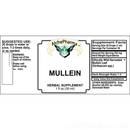 Mullein Leaf Tincture ( Wild Harvested Verbascum spp. ) HSR 1:3 Parve K-1604-AlchePharma