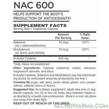 N-acetyl cysteine (NAC) 600mg Active w/ Co-Factors L-Selenomethione and Molybdenum-amino acid-AlchePharma
