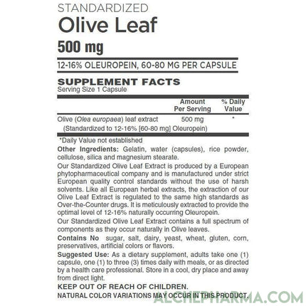 Olive Leaf Extract-500mg European Standardized to 12%-16% oleuropein (60-80mg per capsule)-Herbs-AlchePharma