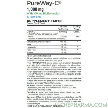 PureWay-C®( contains Vitamin C bound to lipid metabolites) - Non-Acidic 1000 mg Tablets-Anti-Oxidant-AlchePharma