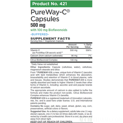 PureWay-C®( contains Vitamin C bound to lipid metabolites) - Non-Acidic 500 mg Caps-Anti-Oxidant-AlchePharma