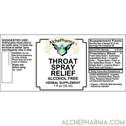 Throat Spray Relief w/ Organic and Wild Crafted herbs / Natural Raspberry-Herb-AlchePharma