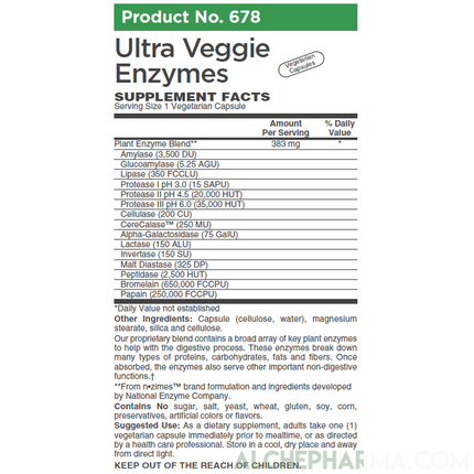 Ultra Veggie Enzymes w/ protease enzymes active at pH levels of 6.0, 4.5 and 3.0 ( patented nzimes™ )-enzymes-AlchePharma