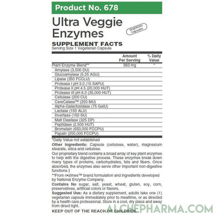 Ultra Veggie Enzymes w/ protease enzymes active at pH levels of 6.0, 4.5 and 3.0 ( patented nzimes™ )-enzymes-AlchePharma