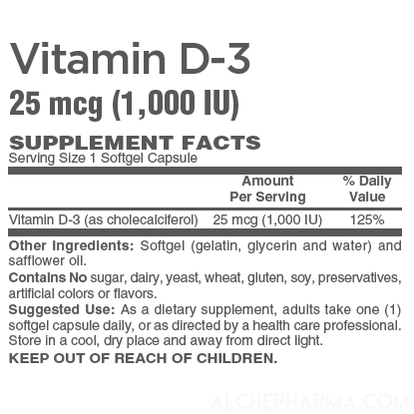 Vitamin D-3 25 mcg (1,000 IU) from Lanolin in a base of Safflower oil-Vitamins & Supplements-AlchePharma