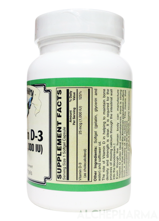 Vitamin D-3 25 mcg (1,000 IU) from Lanolin in a base of Safflower oil-Vitamins & Supplements-AlchePharma