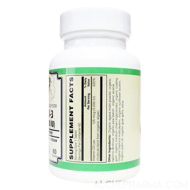 Vitamin D3 ( 5,000 IU - 125 mcg ) Whole Food Certified Organic, Chemically-identical to cholecalciferol of animal-origin - Vegan, Kosher, Halal-Vitamins & Supplements-AlchePharma